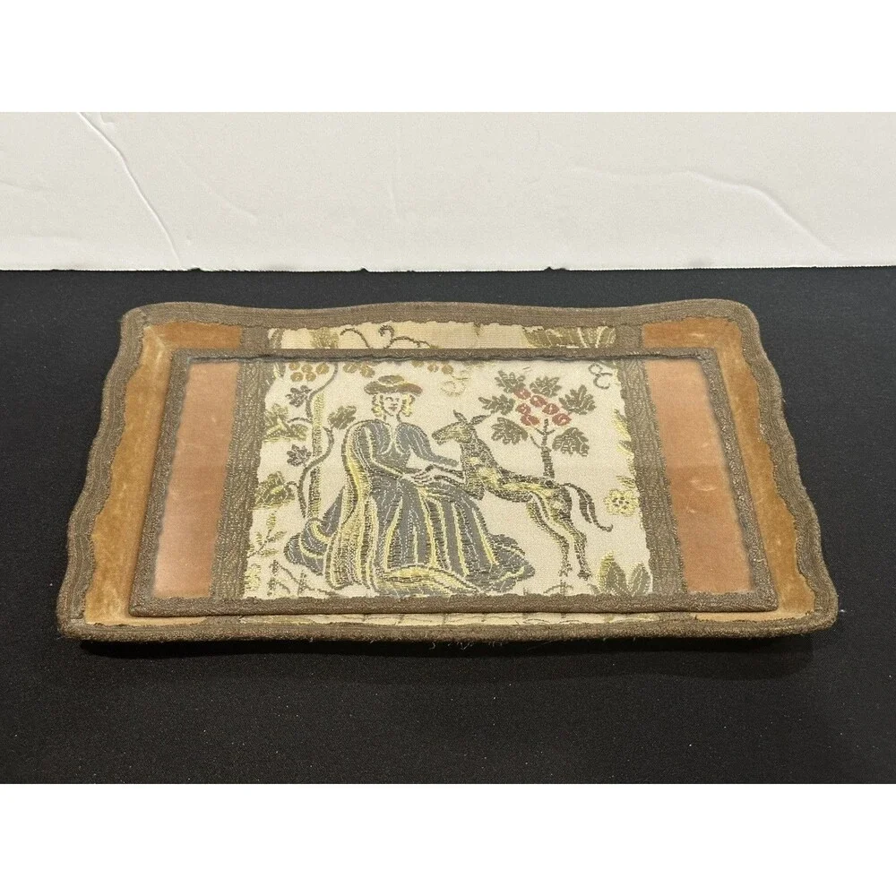 Antique Schreibmayr Wood Lace Embroided Fabric Glass Letter Trinket Jewelry Tray